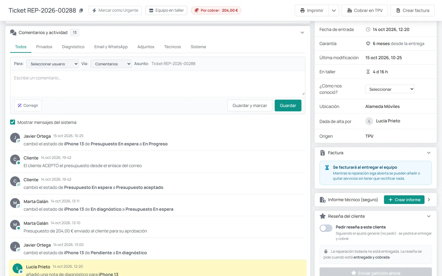 Historial de una reparación: alta en el mostrador, nota de diagnóstico, presupuesto enviado y aceptado por el cliente desde el enlace, y cada cambio de estado con quién lo hizo.